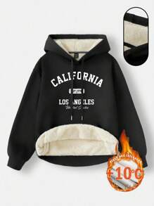 SHEIN EZwear 女士白色半拉链高领休闲宽松羊毛抽绳加厚连帽衫，适合秋冬季 - 黑色 - 查看 8