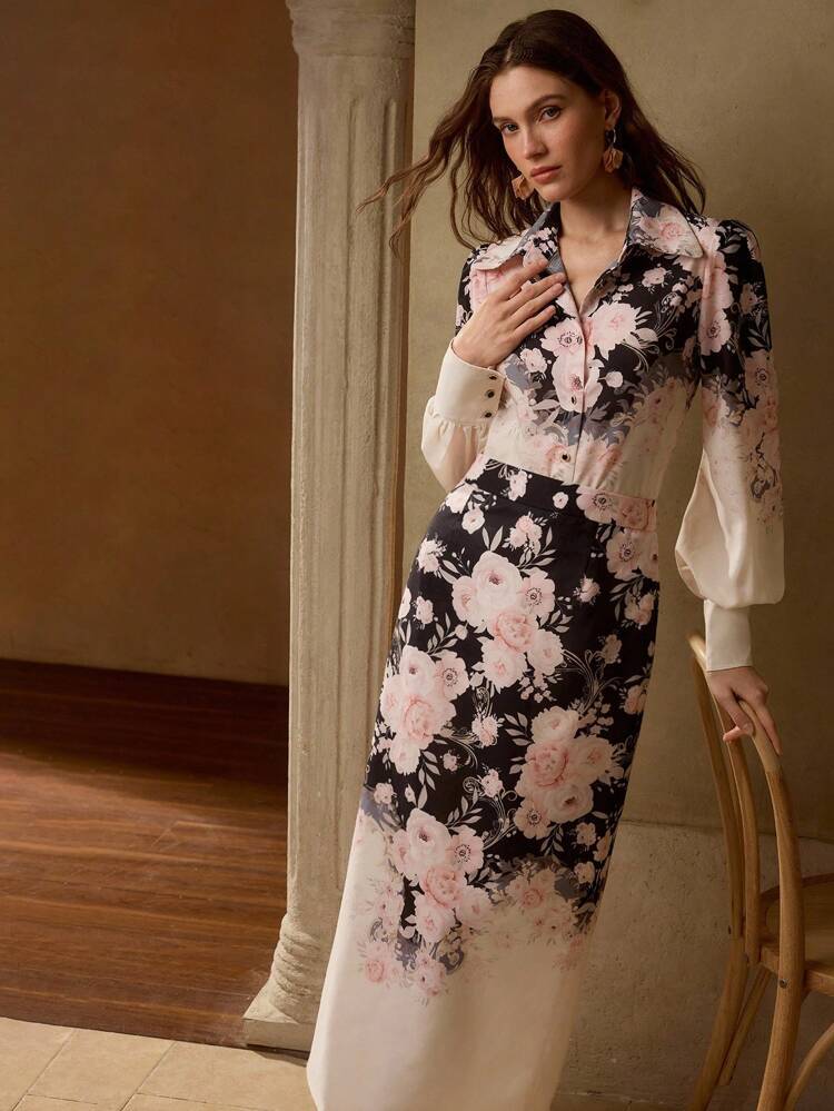 CONJUNTO Top ESTAMPADA FLORAL COM BOTÕES E SAIA MIDI