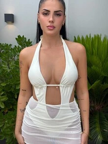 Lucia Bellido Women's One-Piece Swimsuit, Elegant Sexy Halter Hollow Out Backless Seashell Metal Buckle Decor Ruched Skirt Design For Summer Beach Vacation Swim Suits For Women Vacation Outfits Woman Summer Outfits For Women Beach Outfits For Woman/Country Concert Outfit - Apricot - View 3