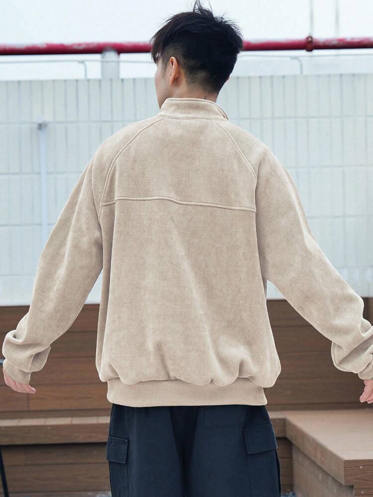 Apricot Half-Zip Textured Fabric Fleece Men's Pullover Sweatshirt, Autumn,Winter