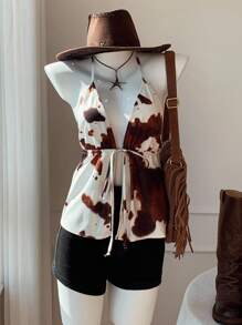 Comfortcana Áo crop top hở lưng in họa tiết tie-dye gợi cảm dành cho nữ kèm dây buộc eo, phong cách cao bồi dành cho nữ, trở lại trường, trang phục miền Tây - màu nâu - Xem 6