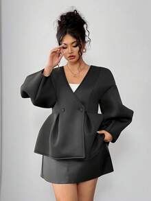 Elenzga Chaqueta elegante de mujer de talla grande con cuello en V, unicolor, manga abullonada y botones - Negro - Ver 5