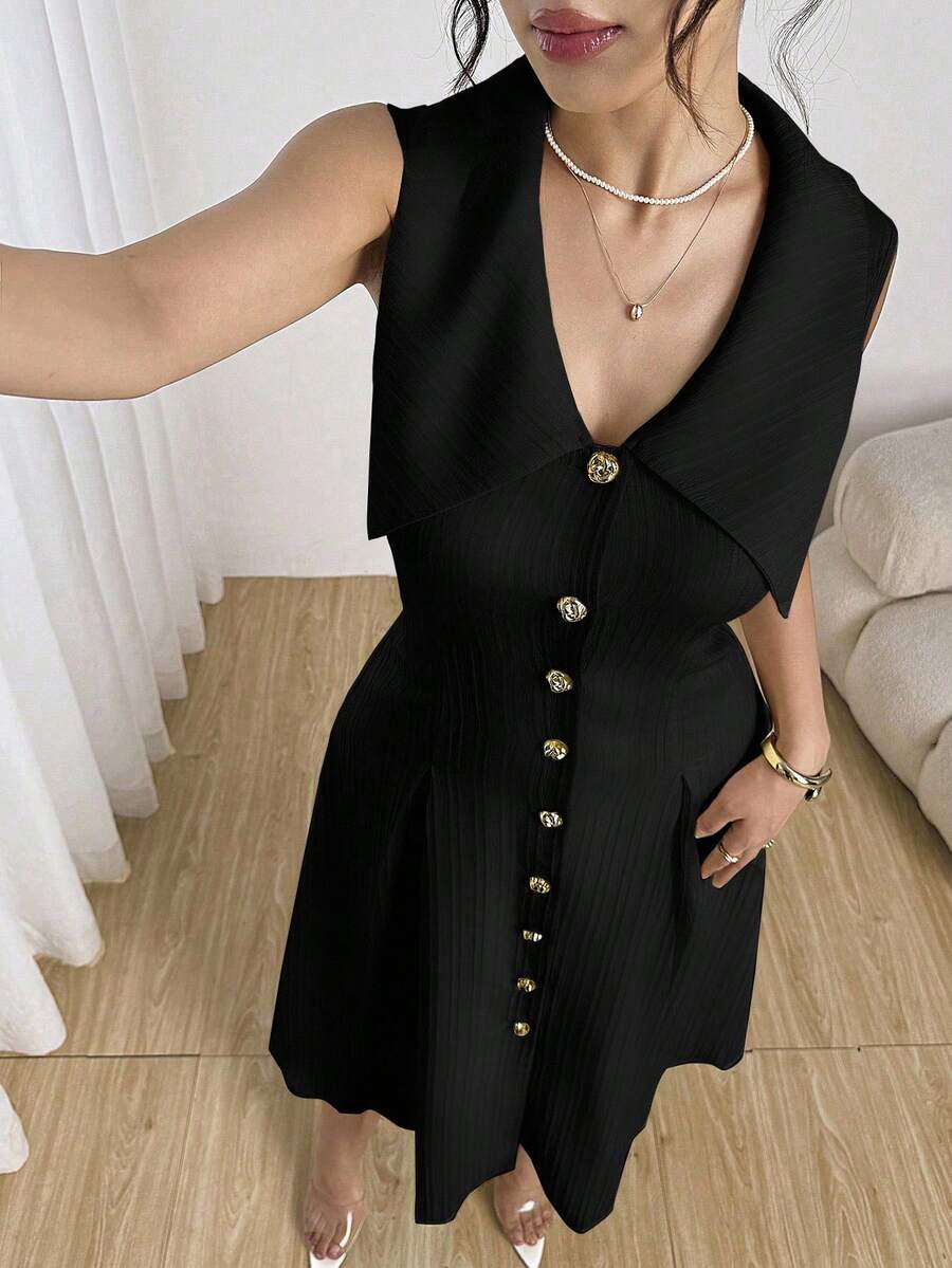 Modelyn 女式黄色超大领口无袖修身 A 字连衣裙 - 黑色 - 查看 1