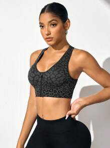 Gameset SHEIN Sport 女士豹纹前拉链运动胸罩，休闲日常穿着 - 彩色 - 查看 5