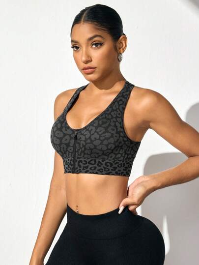 Gameset Sport Women Leopard Print Zipper Front Sports Bra, Everyday Wear view 5