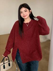 Dazy Plus 酒红色宽松圆领开衩长袖大码女式圣诞新年套头衫，秋季 - 酒紅色 - 查看 6