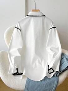 SHEIN Loose Casual Minimalist Comfortable Turndown Collar Long Sleeve Contrast Trim Shirt, Back To School Season Fall Winter - White - View 3