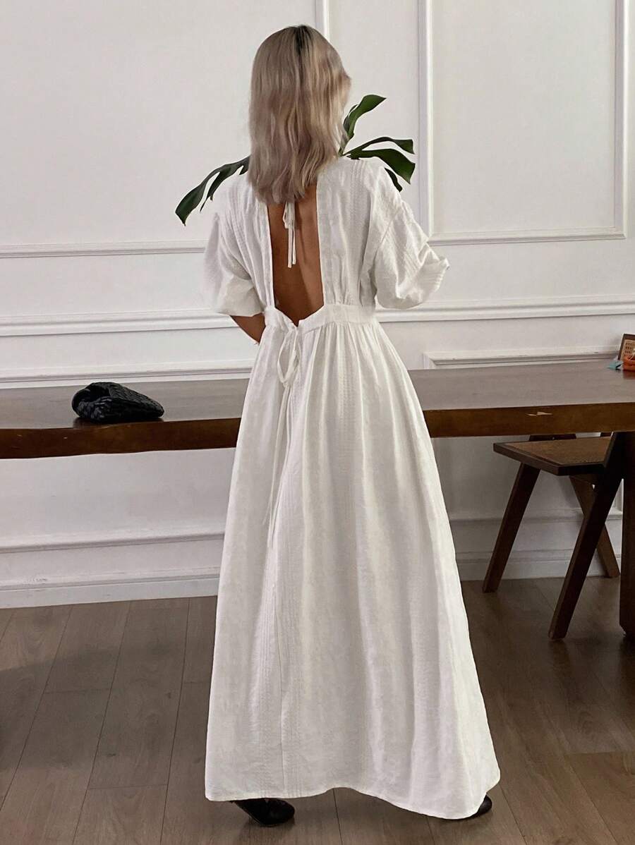 Livesso Đầm maxi nữ hở lưng, thắt eo, dáng lửng, thích hợp cho mùa hè. - trắng - Xem 1