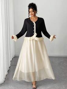 Elenzga Plus Size Women's Elegant French Style Black Patchwork Ruffle Flare Sleeve Button Blouse And Contrasting Color Mesh A-Line Maxi Skirt Two Pieces Set, Autumn/Winter Fall Cloth For Women