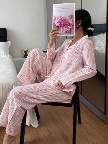 SHEIN Damen Vintage Blümchen Kragen Langarm Pyjama Set, rosa gestreift, romantischer Landhausstil, Herbst - Pink - Übersicht 6