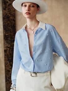 Aveloria 女式春夏秋季编织条纹串珠领长袖直筒休闲户外衬衫