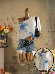 Attitoon 休闲复古风格，街头风格，度假蓝色水彩热带花卉印花，超大短袖宽松T恤，适合夏季，度假风格，Y2K