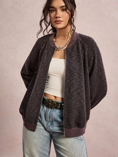 SHEIN VCAY Plus Size Casual Zip-Up Long Sleeve Jackets, Versatile For Everyday Wear Winter Jacket Women Winter Jacket Western Boho Warm