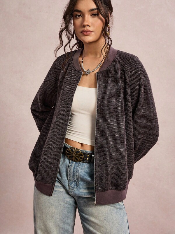 SHEIN VCAY Plus Size Casual Zip-Up Long Sleeve Jackets, Versatile For Everyday Wear Winter Jacket Women Winter Jacket Western Boho Warm