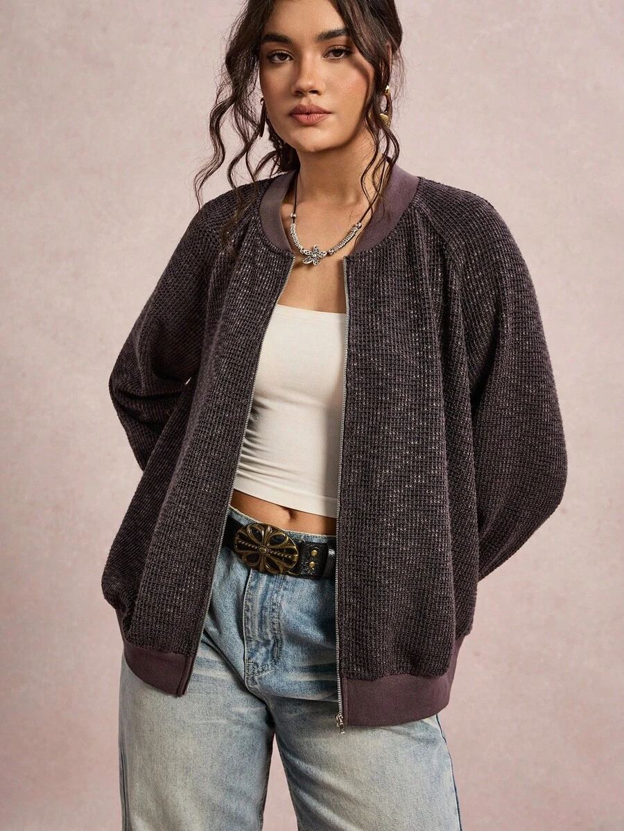 SHEIN VCAY Plus Size Casual Zip-Up Long Sleeve Jackets, Versatile For Everyday Wear Winter Jacket Women Winter Jacket Western Boho Warm