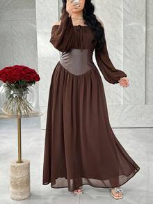 Feyla Damen elegantes Kleid mit Off-Shoulder Silhouette und geraffter Taille - Braun - Übersicht 5