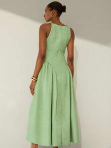 Aveloria Modichic Elegant Party Off Shoulder Sleeveless Ruched Waist Flared Dress, Exaggerated Flowy Dress, Textured Fabric, Suitable For Year-End - Green - View 2