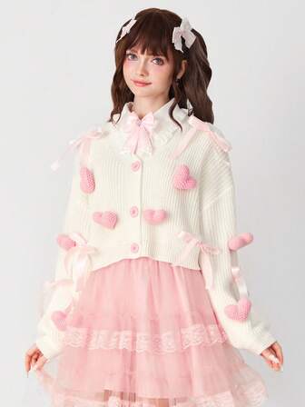 EDITION Women's Pink 3D Heart & Bow Ribbon Decor Cute Girlish Knit Cardigan