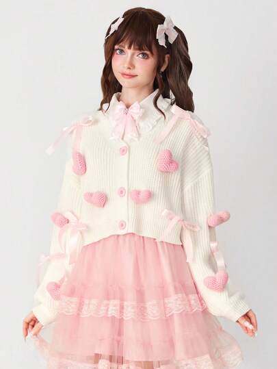 EDITION Women's Pink 3D Heart & Bow Ribbon Decor Cute Girlish Knit Cardigan