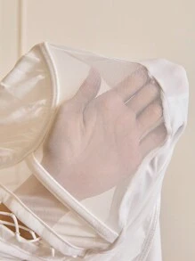 Glamine Charm Lace Up Front Mesh Insert Bustier Cami Bodysuit - White - View 7