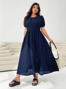 Solflare 海军蓝加大码圆领短袖夏季度假连衣裙、婚礼宾客礼服 - 藏蓝色 - 查看 5