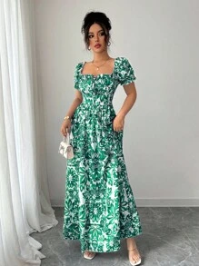 Elenzga New Floral Print Bubble Sleeve Tie Front Backless Waist Cinched Dress, Elegant & Chic For Vacation, Casual Dates, Flattering & Slimming