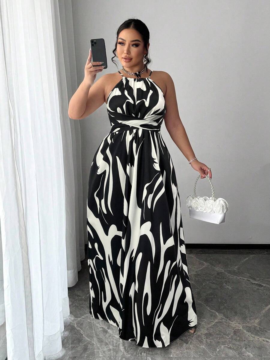 SHEIN SXY Plus Size Women's Spring/Summer Sexy Elegant Commuting Minimalist Black & White Striped Print Waist Tie Flowy A-Line Dress, Suitable For Everyday Wear, Business, Simple, Commuting, Elegant, Casual, Shopping, Streetwear, Going Out, Easy To Match & Looks Slim, Accent Your Body, Flatter The Figure - Black - View 1