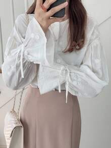 FRIFUL Women's Solid Beige Round Neck Drop Shoulder Long Sleeve Drawstring Cuff Cotton Embroidered Loose Casual Blouse, Suitable For Autumn - Beige - View 5