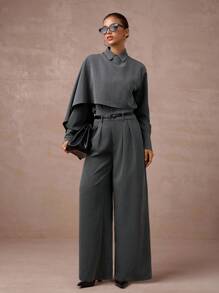 Lumalex 秋冬酒红色低调复古闪亮假日派对装扮锐舞节郊游度假波西米亚风BOHO户外丰富层次婚礼季宴会成人礼两件套女士高腰收腰中长西装套装带披肩袖灰色两件套现代女装单色套装两件裤装女士灰色套装奢华舞会圣诞节新年 - 灰色 - 查看 8