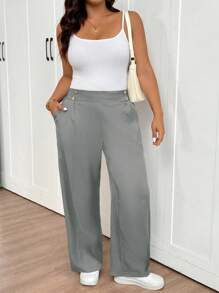 SHEIN Frenchy Plus Size Women's Fashion Casual Black Long Pants, Daily Commute & Outdoor Necessities, Metal Button Decoration, Functional Pockets, 2025 New Stylish Black Trousers