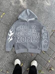 Manfinity EMRG Men's Casual Slogan Print Thermal Lined Hoodie Sweatshirt, Autumn/Winter, Who Cares Get Some Money Hoodie, Grey Zip Up Hoodie, Y2K - Grey - View 3