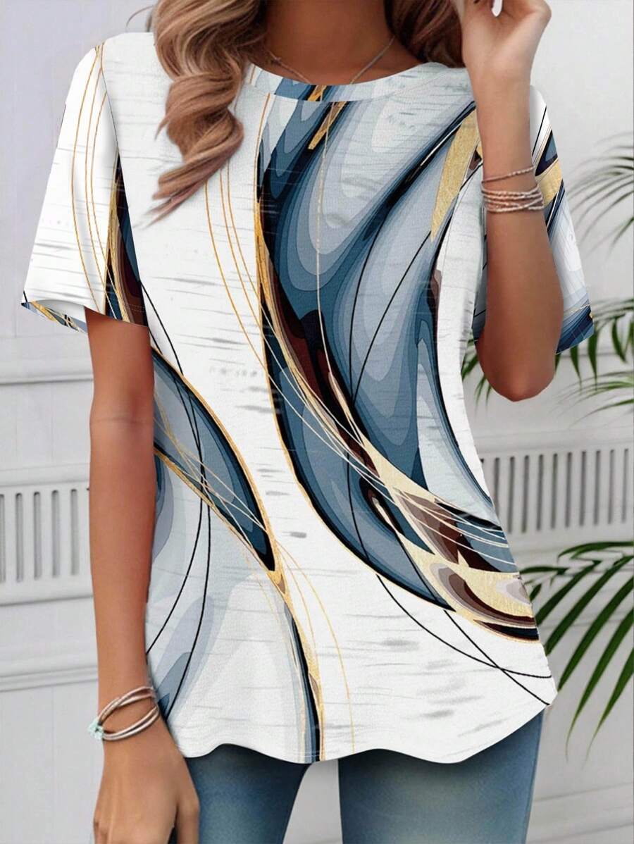 SHEIN Women's Casual Random Print Loose Fit Long Sleeve Round Neck T-Shirt