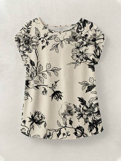 Rusticease Blusa Casual Folgada de Manga Curta com Gola Redonda e Estampa Floral Elegante, Adequada para Férias de Verão em Plus Size