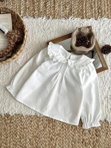 SHEIN Baby Girl Sweet White Peter Pan Collar Blouse,Elegant Long Sleeve Ruffle Shirt - White - View 7