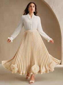Anewsta Casual Fashion Pleated 3D Floral Decor Plus Size Women Skirt - Champagne - View 3