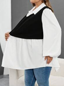 SHEIN CURVE+ Plus Size Casual Color Block Lantern Sleeve 2 In 1 Shirtfall Clothes For Women,Winter,CURVE PLUS - Black and White - View 5