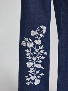 SHEIN VaVaLuxe Women's Button Half-Placket Pocket Floral Embroidered Wide-Leg Jumpsuit - Dark Wash - View 6