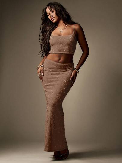 MISSGUIDED Sequin Embellished Co Ord Set Two Piece Crop Top Maxi Skirt Outfit Evening Party Celebration Wedding Guest Holiday Winter Special Occasion Sparkle Shimmer