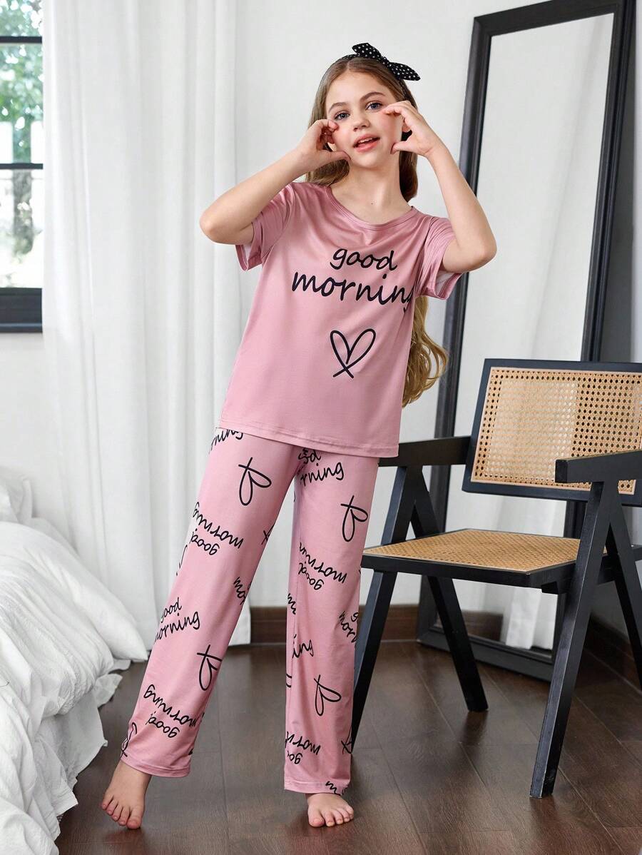SHEIN 女童爱心字母印花休闲短袖睡衣套装 - 珊瑚橙 - 查看 1