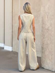 TrendSteals Beige Summer Elegant Work Women Retro Linen 2 Pieces Set,Autumn Casual V-Neck Vest & Wide Leg Pants,Business Office Wear Teacher Clothes Pant Suit - Apricot - View 4