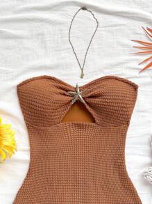 Soleia Women's Strapless Knit Bodycon Mini Dress,Shades Of Brown,Summer,Boho,Beach Vacation,Holiday Chest Hollow Metal Starfish Decor Party Date Outfit - Rust Brown - View 5