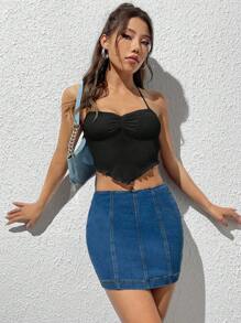 SHEIN EZwear 褶饰胸围生菜边头巾下摆系带露背吊带黑色上衣 - 黑色 - 查看 6