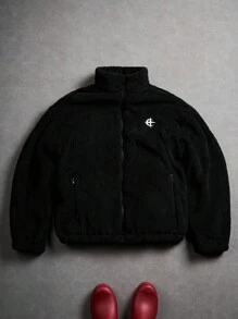 PAVTROS Manfinity Streetrush Men's Casual Embroidered Fleece Jacket, Autumn/Winter, Y2k Jacket, Cross Jacket, Letter Man Jacket, Grunge - Black - View 3