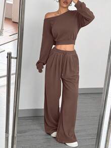 SHEIN EZwear 女士咖啡色斜肩上衣和裤子休闲套装 - 咖啡棕 - 查看 4