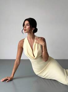 Firerie Elegant Pale Yellow Summmer Day Party Halter Deep V Backless Mermaid Maxi Dress, Glamorous Wedding Guest Formal Dresses For Vacation Graduation - Yellow - View 9