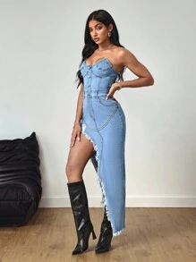 SHEIN Tall 女式高腰弹力做旧水洗牛仔连衣裙 - 中等水洗藍 - 查看 3