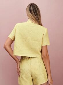 Enchnt 女士花卉纽扣短袖单排扣优雅夹克 - 黃色 - 查看 6