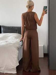 DAZY Conjunto de top sin mangas de cuello en V y pantalones vaqueros de corte holgado para mujer - Azul - Ver 2