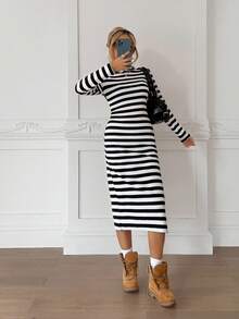 SHEIN Teen Girl Casual Sports Black & White Ribbed Hooded Snug Fit Maxi Dress Fall Winter - Black and White - View 2