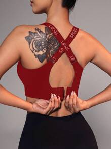 Easithlete 女士字母提花交叉后背休闲健身运动文胸 - 紅色 - 查看 5